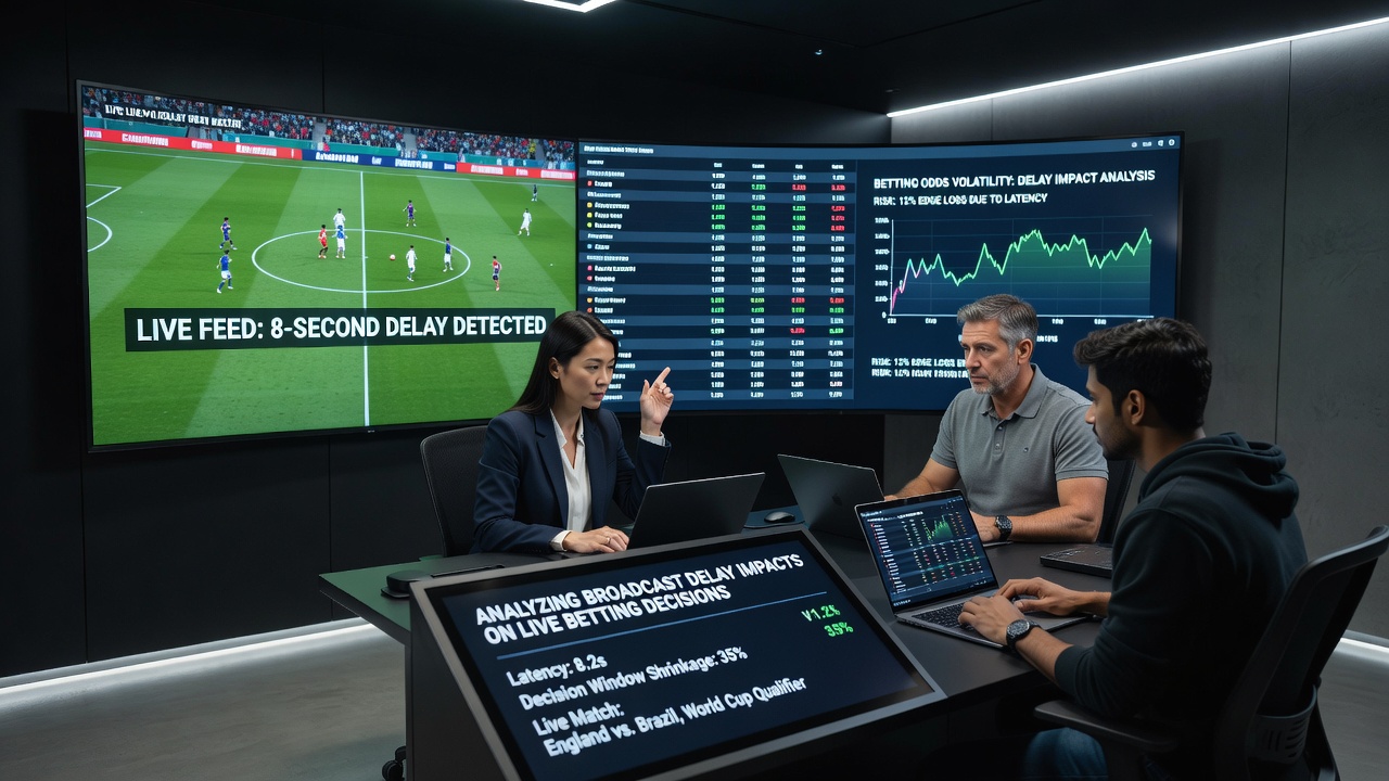 Live betting terminal interface displaying real-time odds adjustments alongside delayed broadcast feed indicators