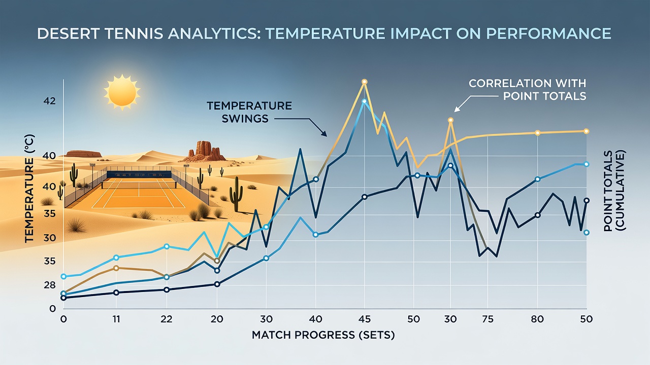Temperature monitoring equipment set up courtside at a desert tennis tournament with digital displays showing daily high-low swings