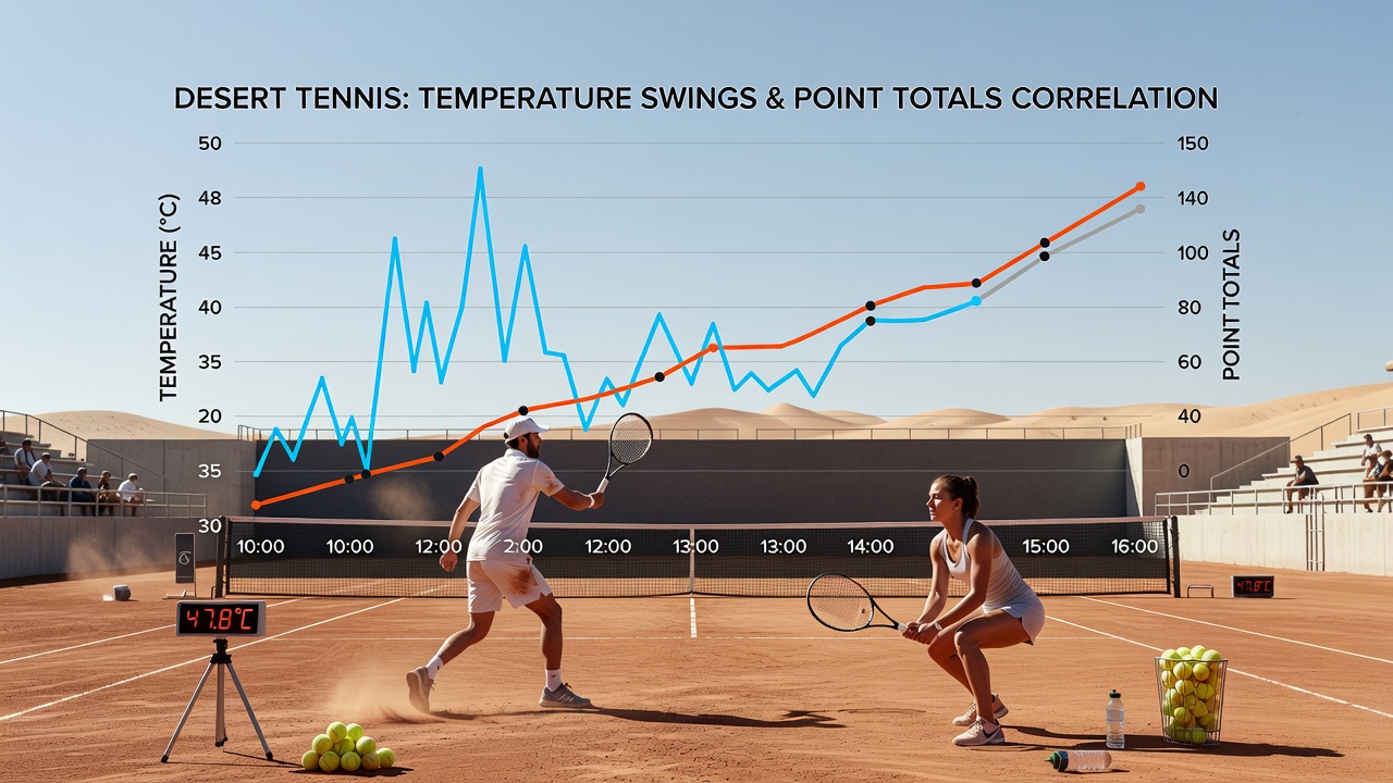 Graph overlay on a tennis court showing point totals rising as evening temperatures drop during a desert tournament