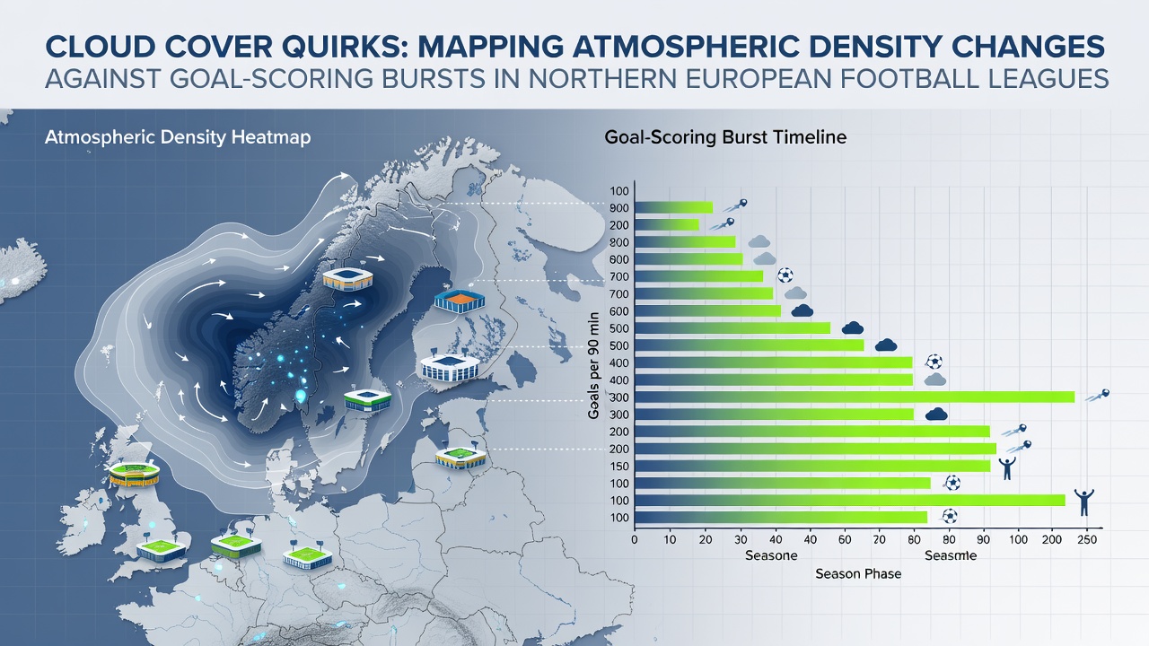 Satellite view of cloud formations over Northern European football stadiums with atmospheric density overlays