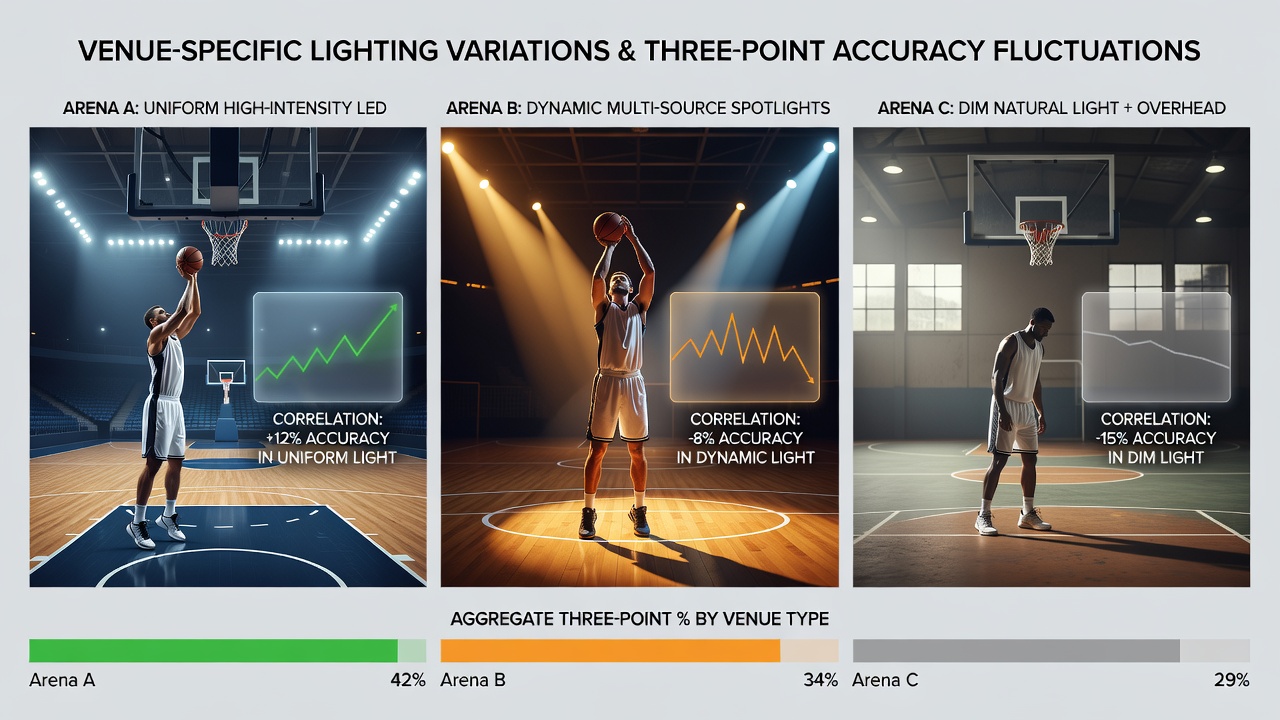 Close-up of basketball players shooting three-pointers under bright arena lights with visible lighting rigs overhead