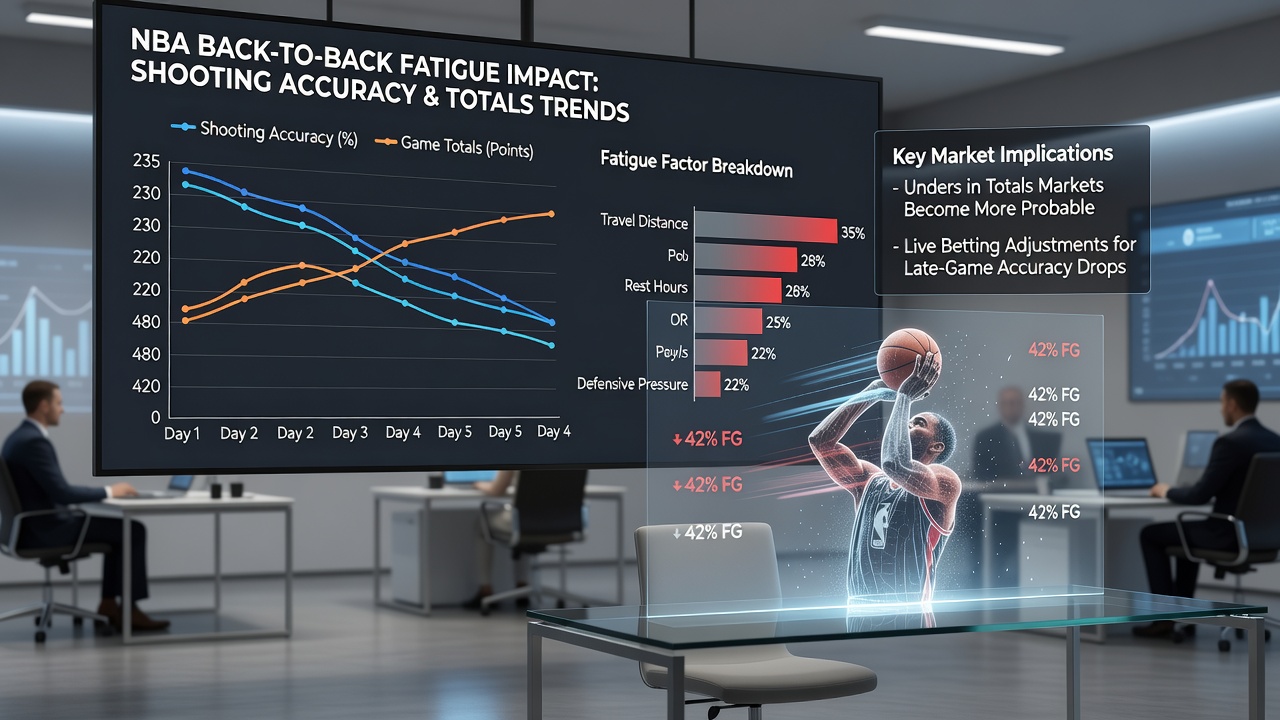 Detailed chart displaying shooting percentage declines and totals market trends during NBA back-to-back games