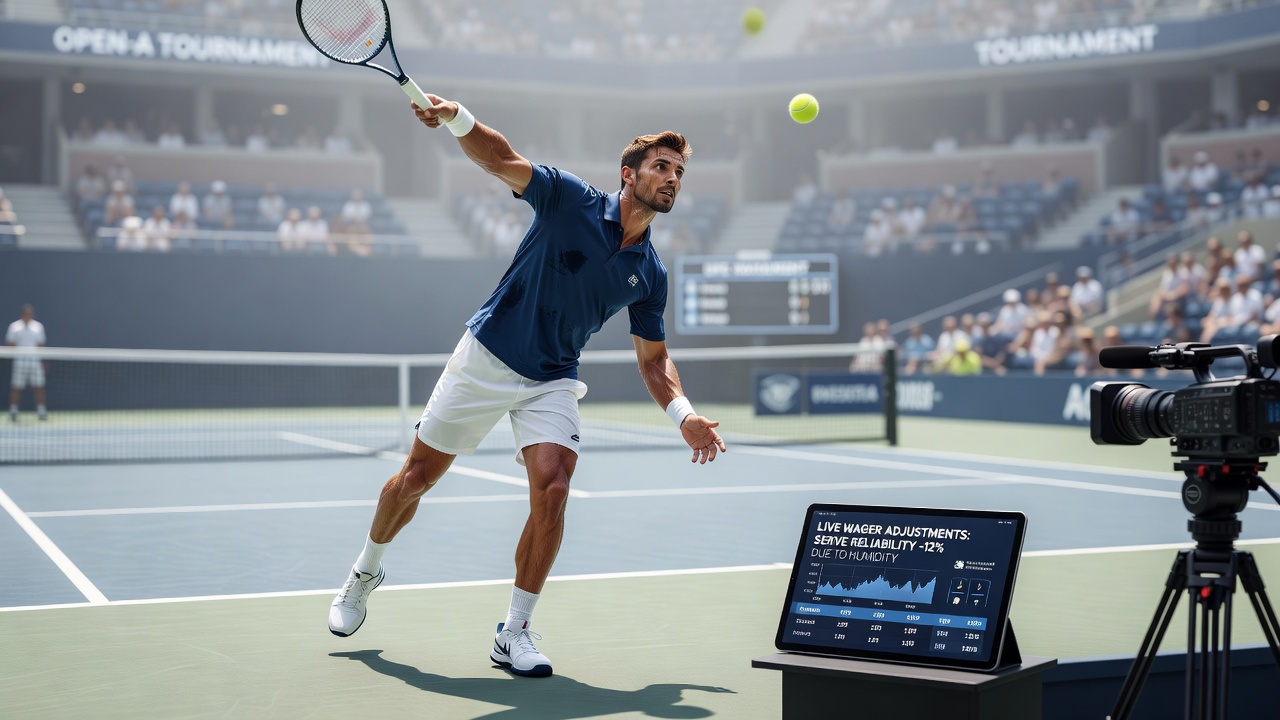 Live betting interface displaying adjusted odds for tennis serves in humid outdoor conditions