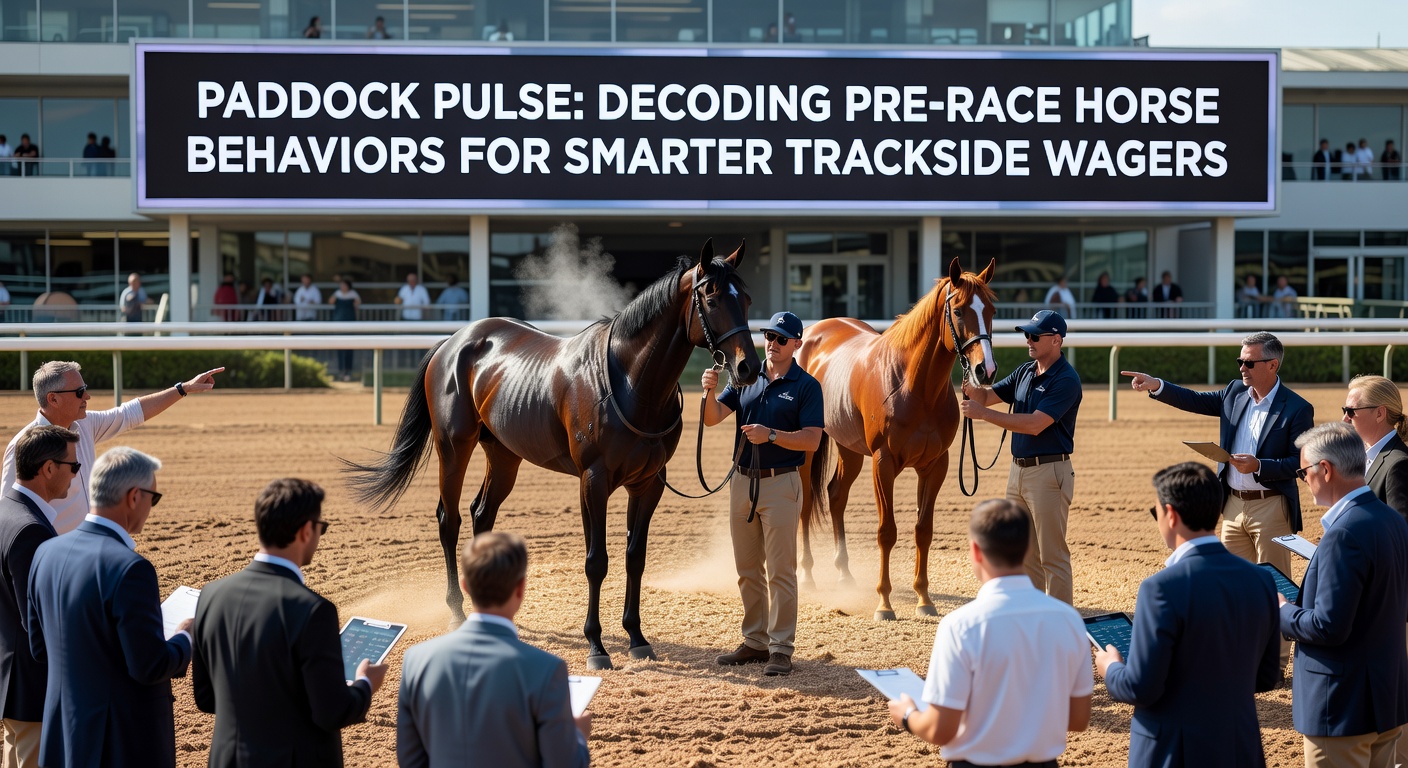 A horse in the paddock being walked by its handler before a race, showing calm demeanor with relaxed ears and steady gait
