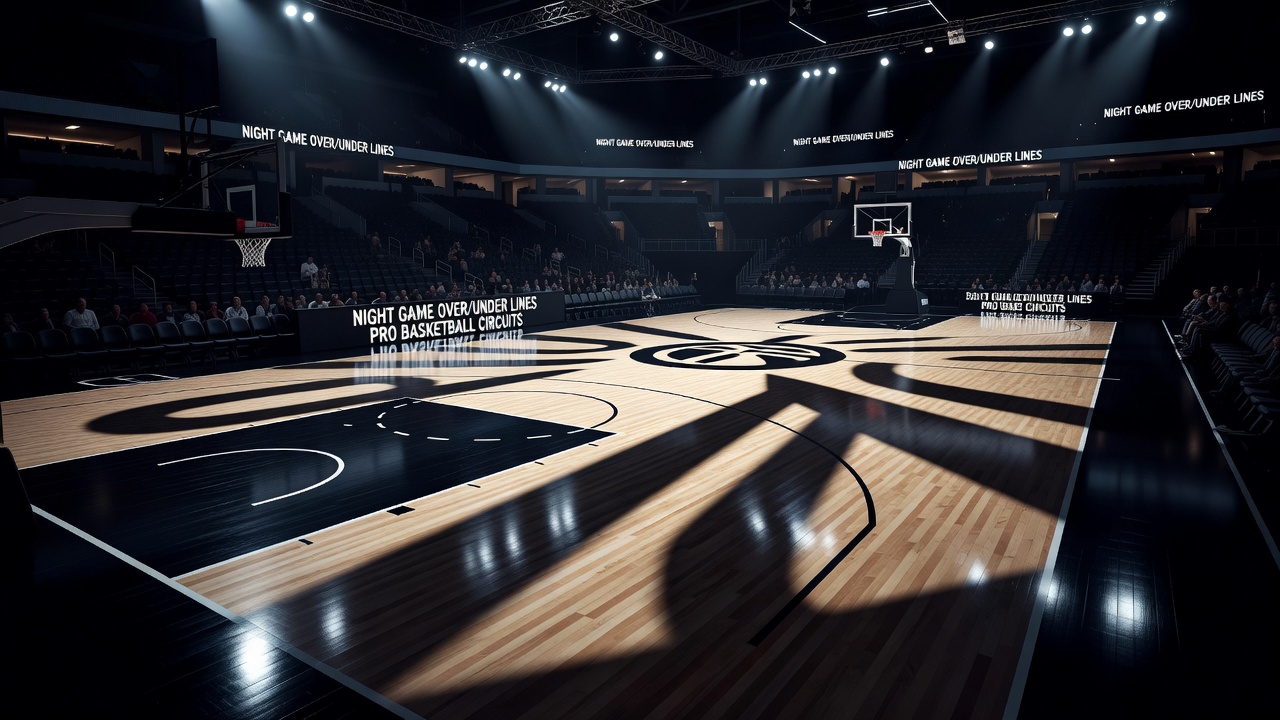 Stadium lighting adjustments creating distinct shadow patterns across a professional basketball court during a night game