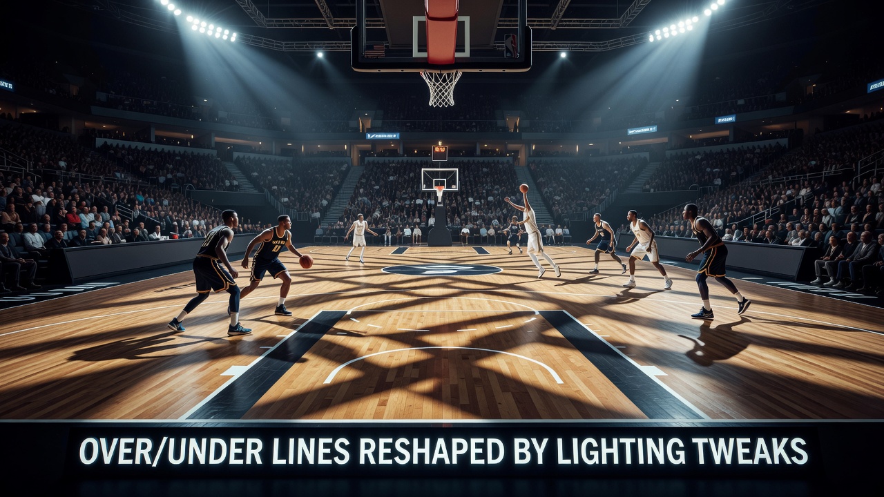 Detailed view of shadow lines intersecting key basketball court markings under adjusted stadium lights