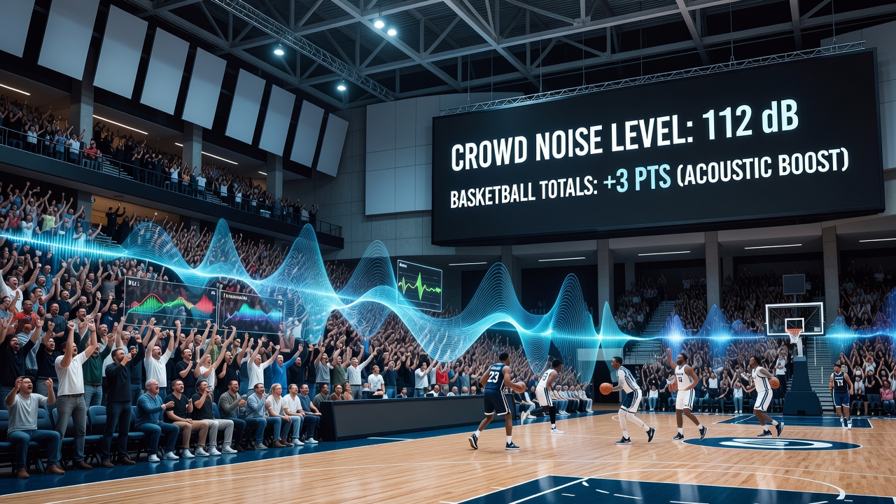 Close-up of basketball players on court during a timeout with visible crowd noise waves illustrated through graphic overlays demonstrating acoustic pressure points