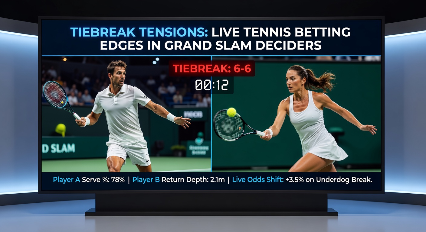 Live betting interface showing fluctuating odds during a Grand Slam tiebreak, with graphs tracking serve and return stats