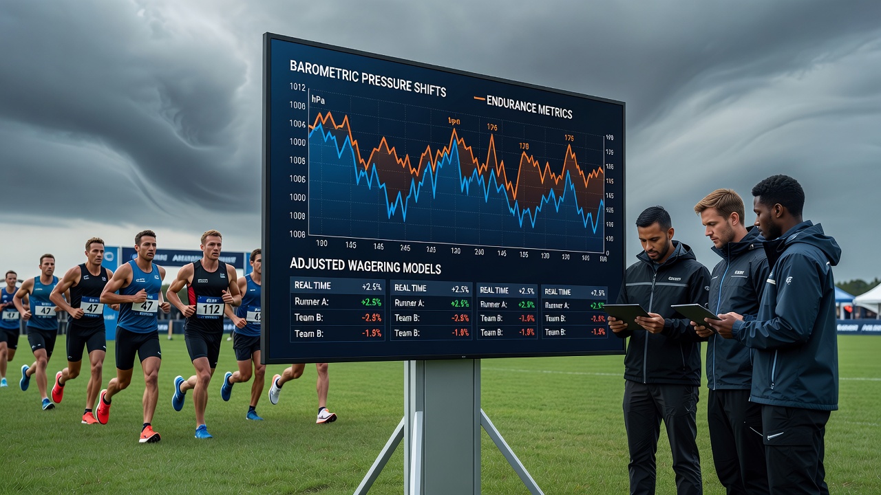 Athletes competing in an outdoor endurance event under varying weather conditions with visible atmospheric indicators