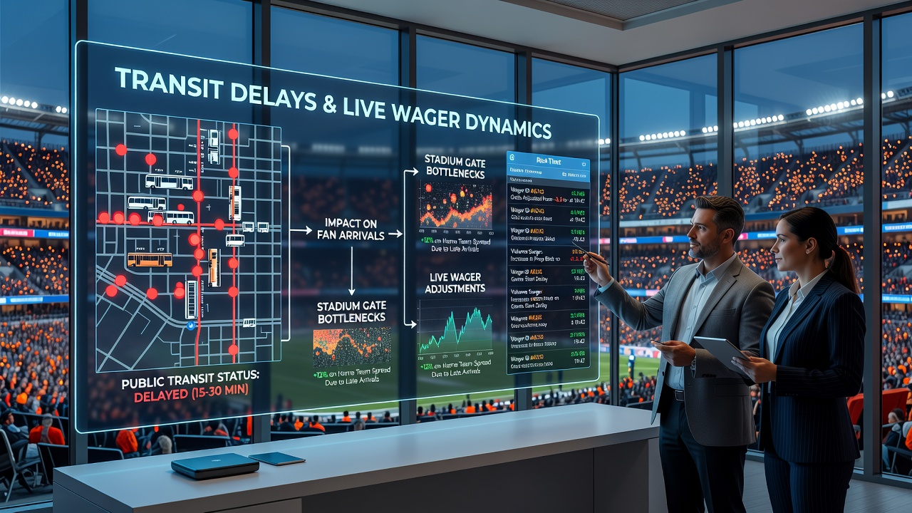 Live betting interface displaying adjusted odds during a stadium event affected by transit issues