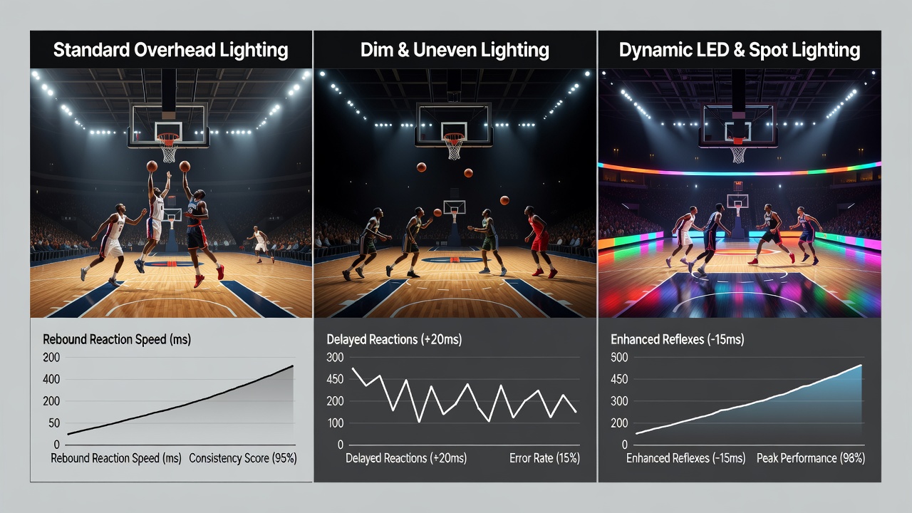 Close-up view of basketball court under LED arena lighting showing light distribution patterns during rebound action